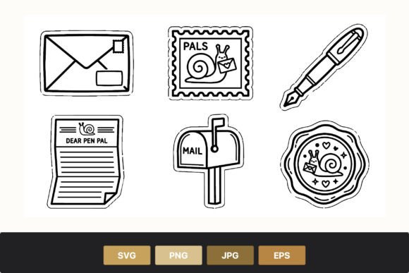 Black and White Pen Pal Letter Icon Set