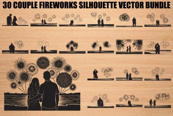 Couple Fireworks Silhouette Bundle: Graphics & Illustrations