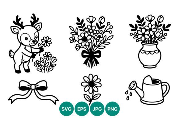 Cute Deer Holding Flower Black and White Graphics