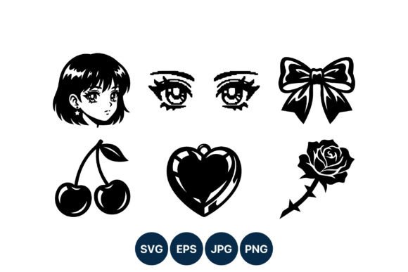 Manga Girl Face Eyes Bow Cherry Heart Graphics