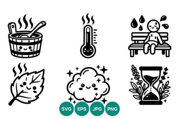 Sauna Black White Cute Icon Set: Graphics & Illustrations