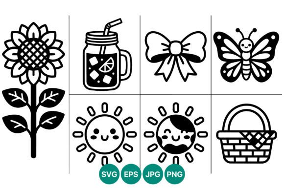 Sunflower Butterfly Sun Cute Black Graphics & Illustrations